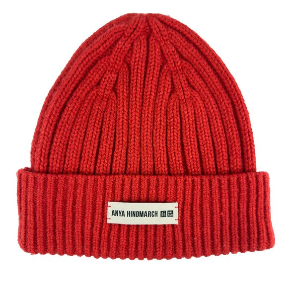 ANYA HINDMARCH x UNIQLO Heattech Pocket Eyes Red Wool-Blend Unisex Knit Beanie - Picture 2 of 4